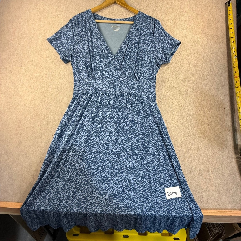 LL Bean Womens Medium Blue Ditsy Floral Empire Waist Faux Wrap Knit Dress